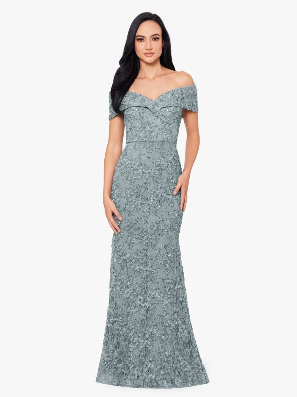 Xscape Evenings Off-Shoulder Textured Lace Gown in Dusty Blue